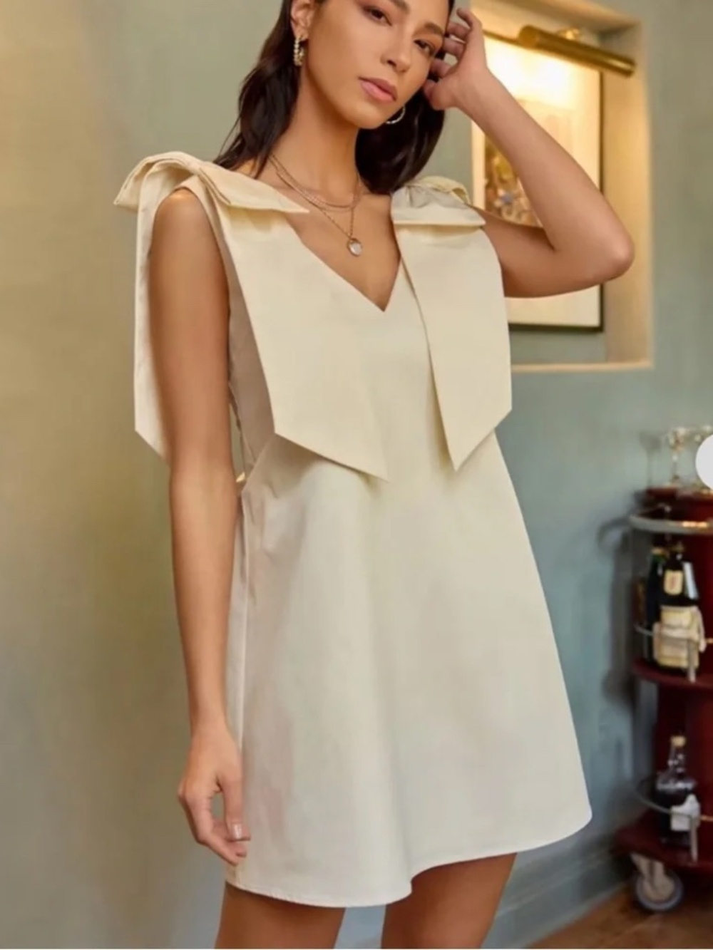 FORE Shoulder Bow Dress Ivory A-line Mini sz S